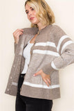 Mockneck Button Front Stripe Cardigan Taupe