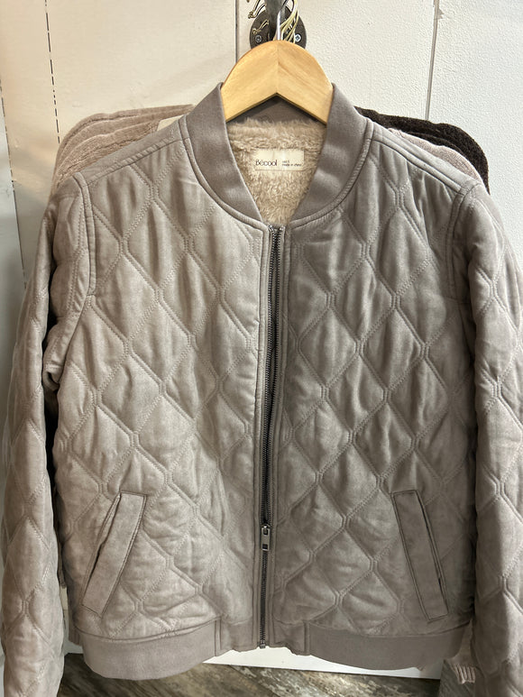 Quilted Zip Up Jacket w/ Pockets Earth Grey