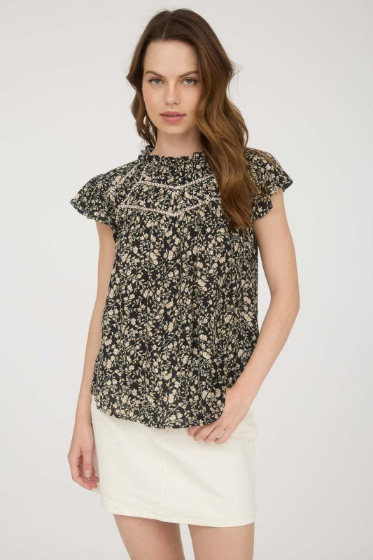 Floral Lace Yoke Blouse Blk