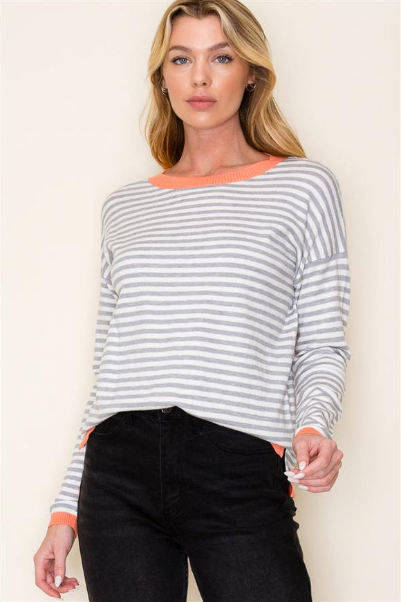 Striped Crew Sweater Coral/Grey