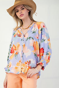 3/4 Slv Floral Blouse Iris