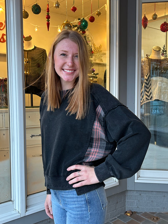 Acid Washed Plaid Panel Sweatshirt