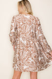 Edge Trimmed Split Neck L/S Babydoll Dress Taupe