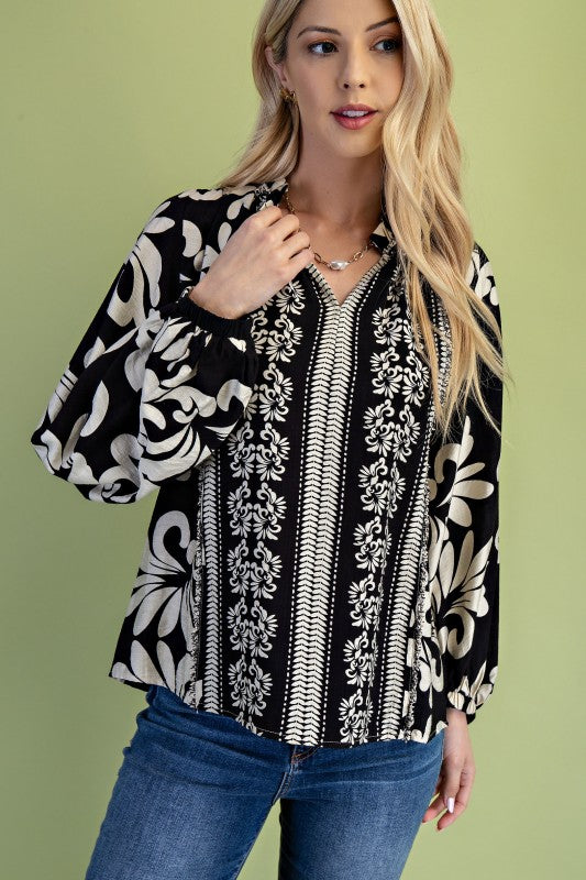 Floral L/S Blouse Frayed Fringe Detail