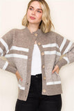 Mockneck Button Front Stripe Cardigan Taupe
