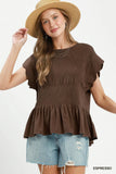 Linen Blend Scalloped Slv Smocked Top Espresso