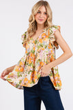 Flower Print Ruffle Slv Babydoll Top