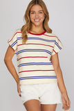 Drop Slv Striped Round Neck Top Cream