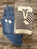 Stripe Collared L/S Crochet Sweater Mocha