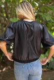 Ribbed Band Solid Faux Leather Top Blk
