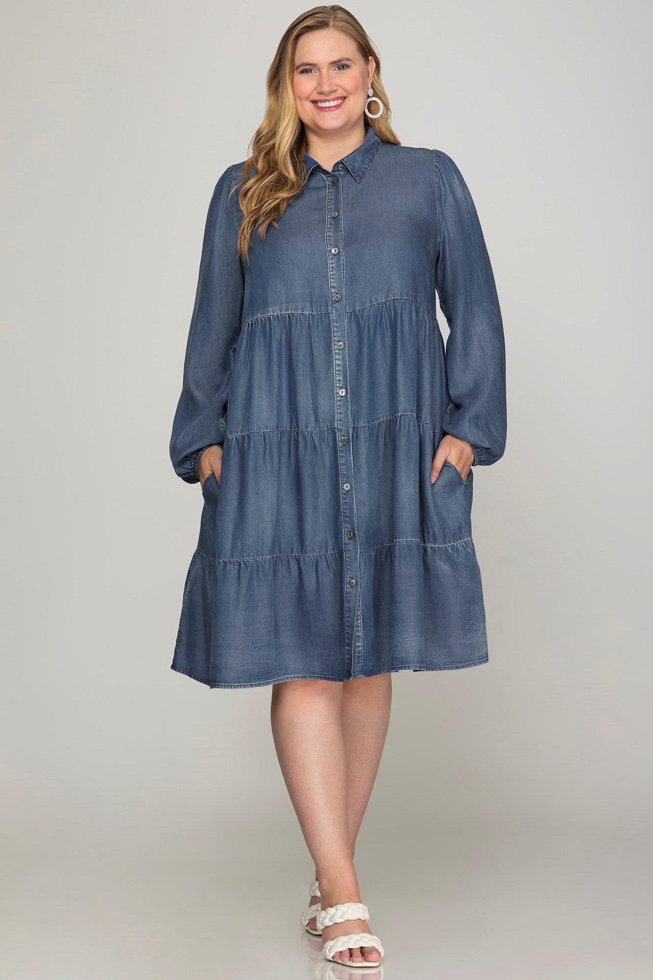 Plus Long Sleeve Denim Tiered Dress Five 22 Plus Long Sleeve Denim Tiered Dress Five 22