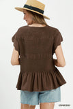 Linen Blend Scalloped Slv Smocked Top Espresso