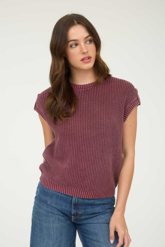 Plus Washed Knit S/S Sweater Burgundy