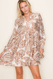 Edge Trimmed Split Neck L/S Babydoll Dress Taupe