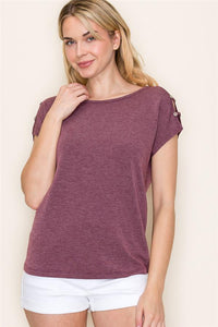 Wide Neck Cut Out Shoulder Shirt Burgundy