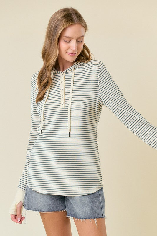 Ribbed Stripe L/S Henley Green