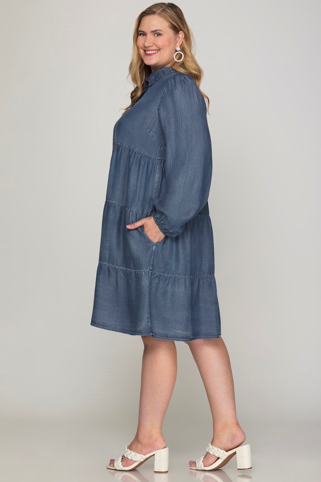 Plus Long Sleeve Denim Tiered Dress Five 22 Plus Long Sleeve Denim Tiered Dress Five 22
