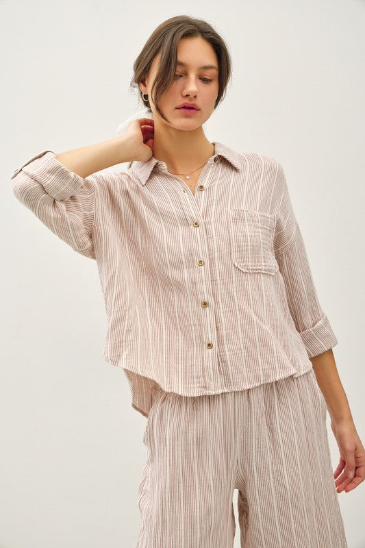 Striped Crop Cotton Gauze Button Up Top Amber