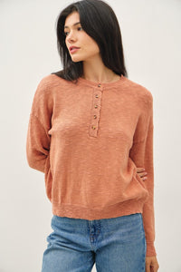 L/S Textured Cotton Henley Top Terracotta