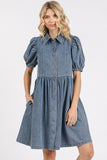 Washed Denim Button Down Dress w/ Collar