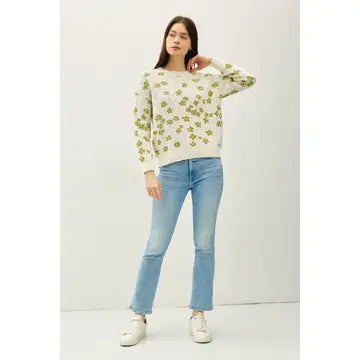 Floral Double Knit Sweater Pea Green