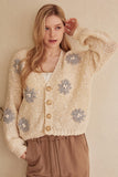 Chunky Cropped Cardigan w/ Floral Detail Ivory