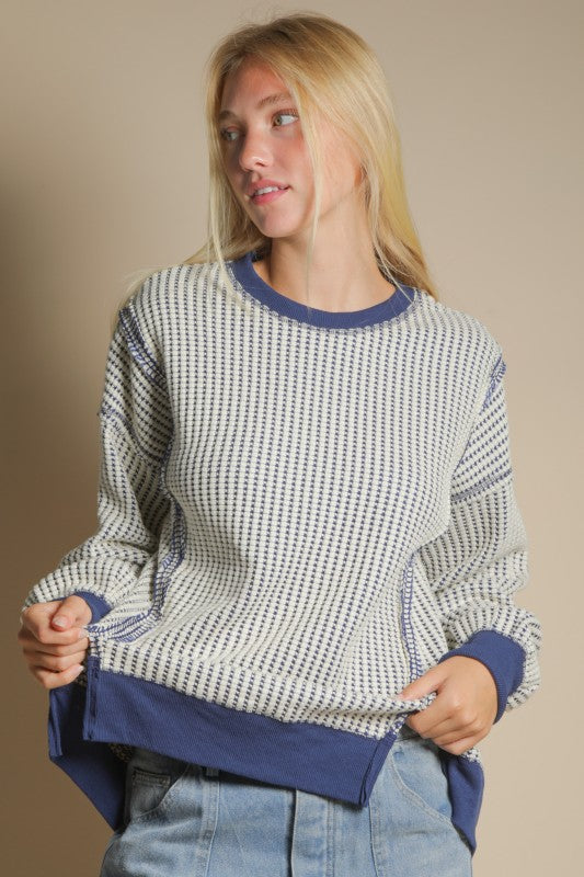 Oversized Waffle Knit Top Blue