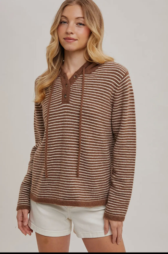 Henley Stripe Hooded Sweater Brown