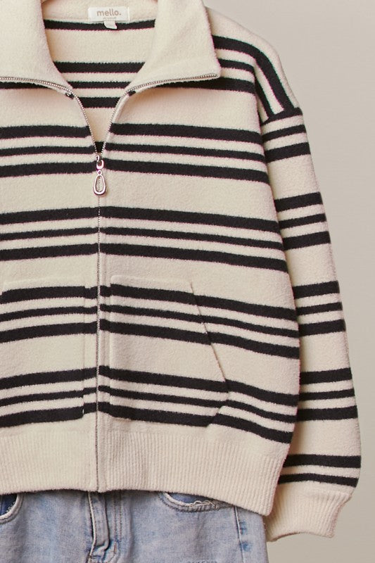 Heavy Zip Up Sweater Blk/Cream Stripes