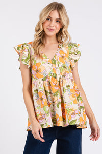 Flower Print Ruffle Slv Babydoll Top