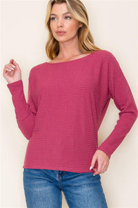 Boat Neck Dolman Ribbed Sweater Rose