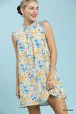 Flower Print Ruffle Neck Mini Dress