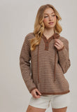 Henley Stripe Hooded Sweater Brown