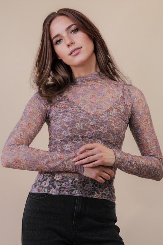 Lace Mesh L/S Top Mauve/Floral