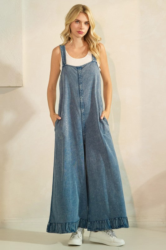 Washed Wide Leg Overalls Blue