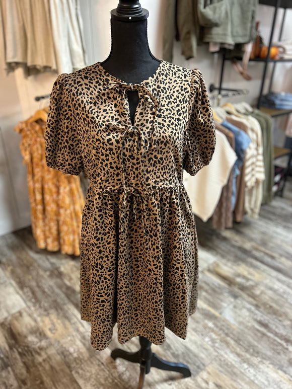 Leopard Puff Slv Tie Front Dress