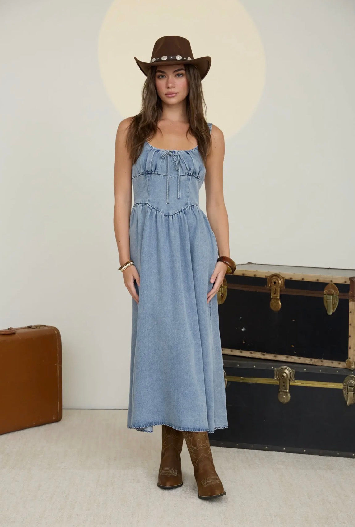 Chambray Denim Sleeveless Corset Midi Dress – Five 22