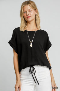 Linen S/S Top w/ Tie Botton Blk