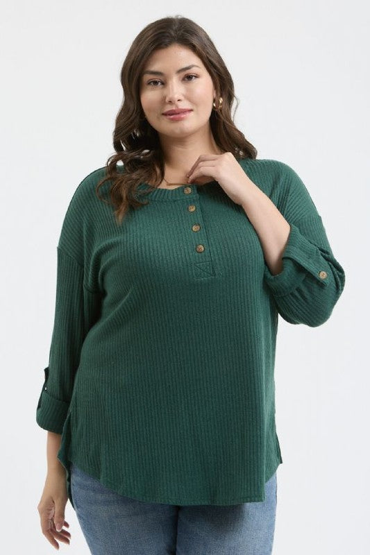 Plus 3/4 Tab Slv Henley Top Hunter Green