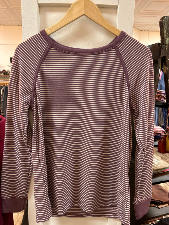 Pinstriped Terry L/S Top w/ Color Trimmed Plum