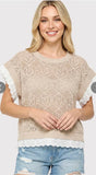 Crochet Eyelet Slv Trim Wide Crew Natural