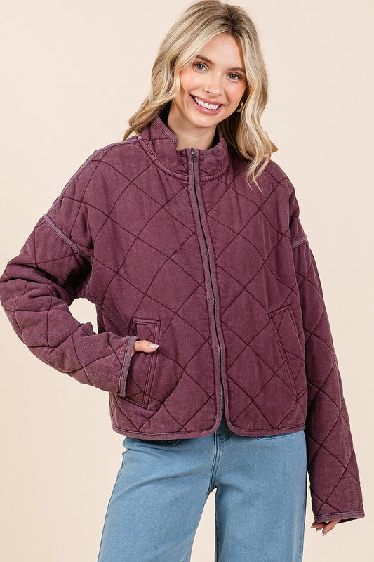 Quilted Jacket Plum Waist Length