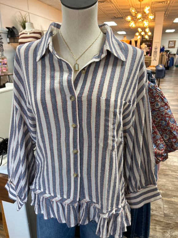 3/4 Slv Stripe Linen Ruffle Top
