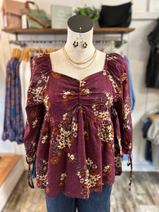 Puff Shoulder Floral Blouse Plum