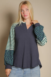 Oversized Floral Stripe Casual Top Hunter Grn