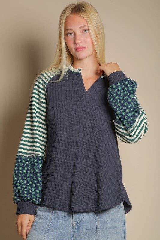 Oversized Floral Stripe Casual Top Hunter Grn