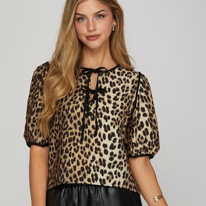 Leopard Puff Slv Tie Front Top