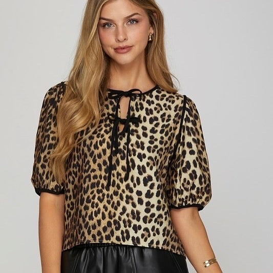 Leopard Puff Slv Tie Front Top