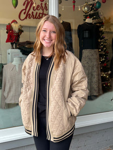 Quilted Open Cardigan W/Side Slant Pockets Tan