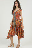 V-Neck Dress w/ Fluttery Cap Slv Brown